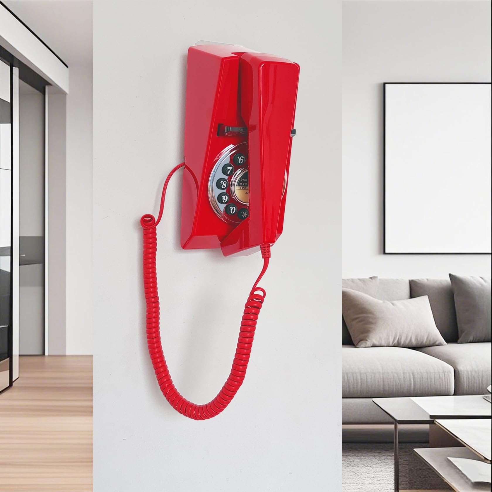 Artisam - Teléfonos fijos para el hogar, teléfono fijo de pared con cable, teléfono retro para el hogar para personas mayores, diseño básico, no requiere alimentación AC, montable en pared (rojo)