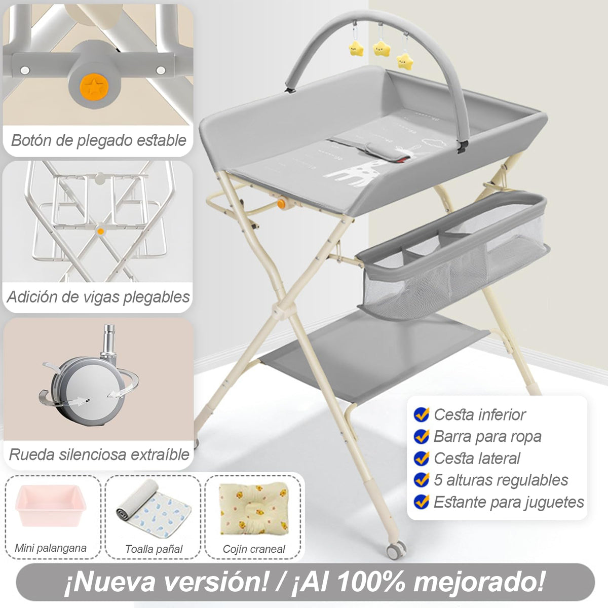 HTERETTW Mueble Cambiador para Bebe Impermeable Portátil, Plegable Cambiador de Pañal para Bebe Con 5 niveles de ajuste de altura con Almacenamiento XXL, Portajuguetes Integrado, Ruedas Silenciosas.