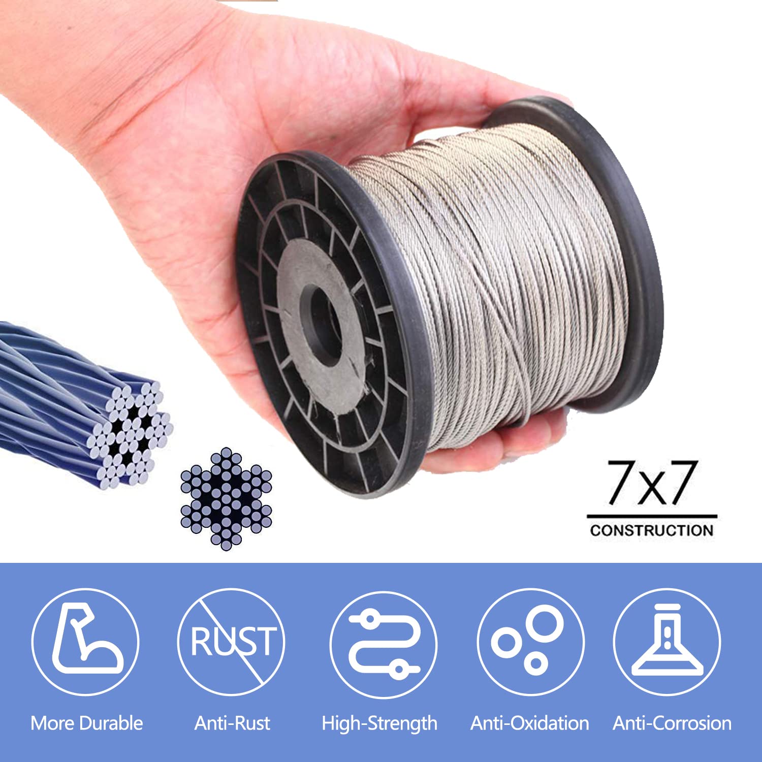Kit de herramientas para prensar cuerda de alambre, con cable de acero inoxidable 1/16-304 5029.2 cm (núcleo de 7 x 7 filas), 100 tapones de aluminio para manguito de bucle (cuerda de 5029.2 cm 100