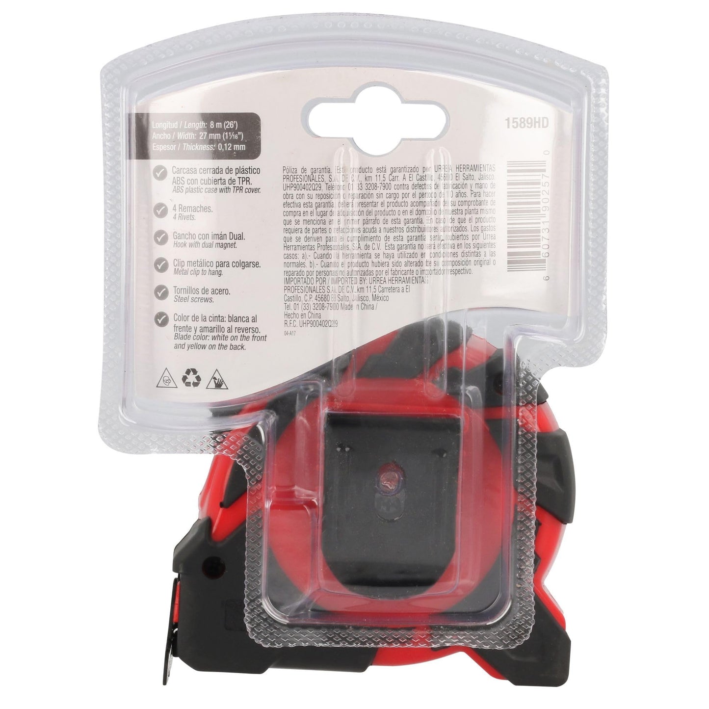 Flexómetro Urrea Heavy Duty con Hoja de Acero y Carátula ABS TPR 8 M x 27 Mm 4 Remaches