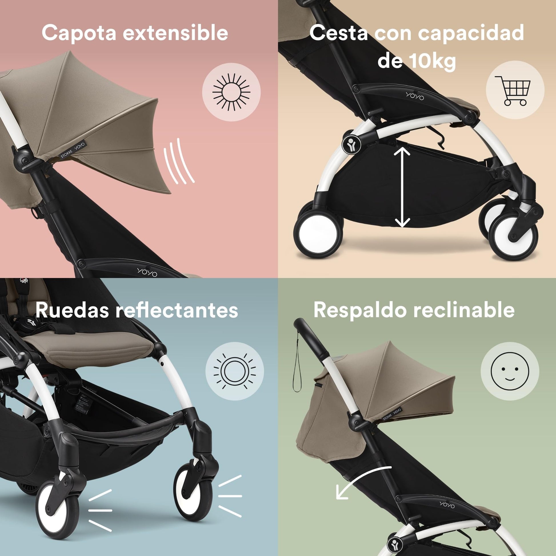 Carriola Stokke YOYO3 a partir de 6 meses - Incluye chasis blanco/cojín de asiento Taupe + dosel - Se pliega y despliega en un instante - Ligeroa y compacta - Compatible con equipaje de mano