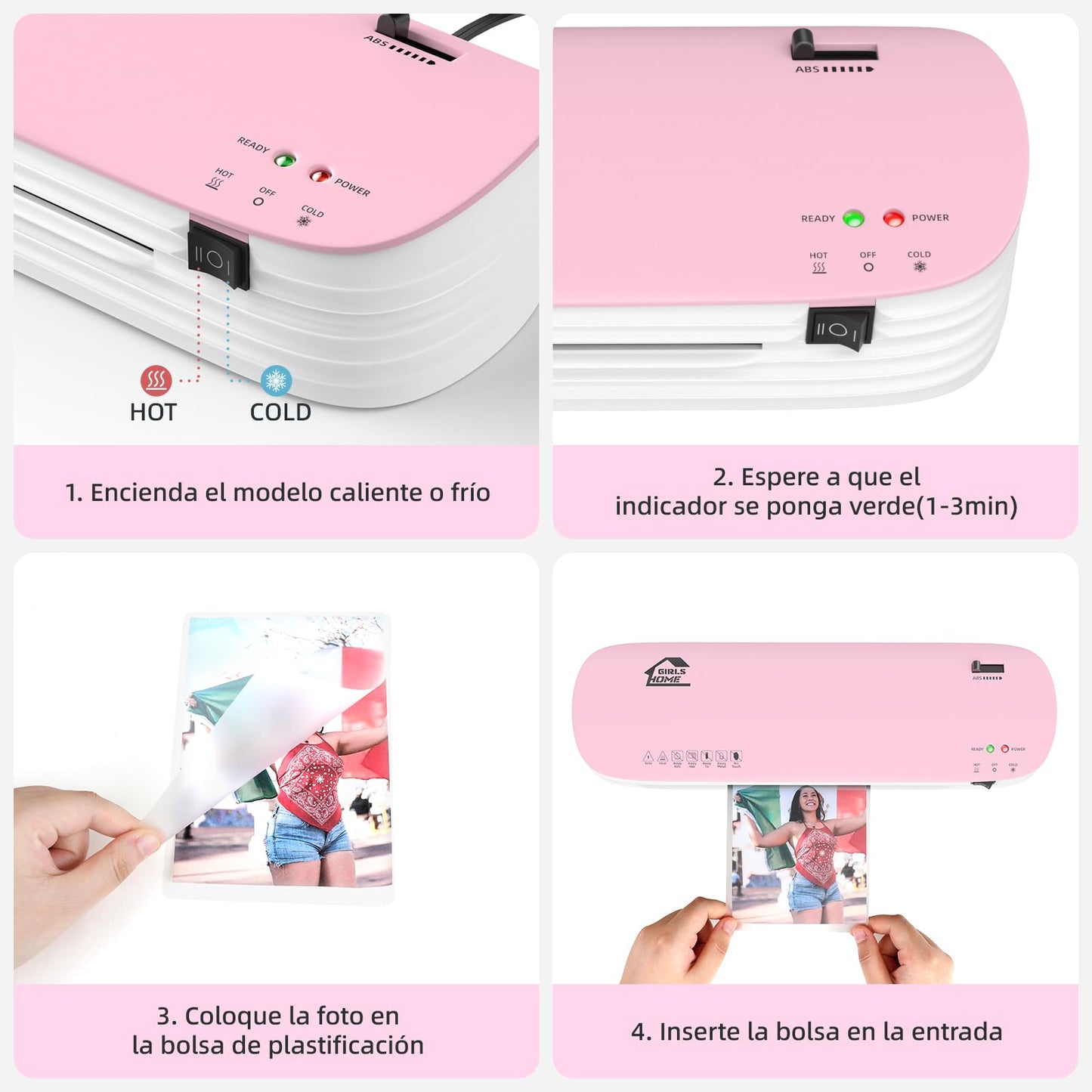 GirlsHome Plastificadora Térmica, 8 en 1 Plastificadora con 300 Hojas de Plastificado, Plastificadora Térmica/Frio/Foil， Laminadora Enmicadora Térmica (Rosado)