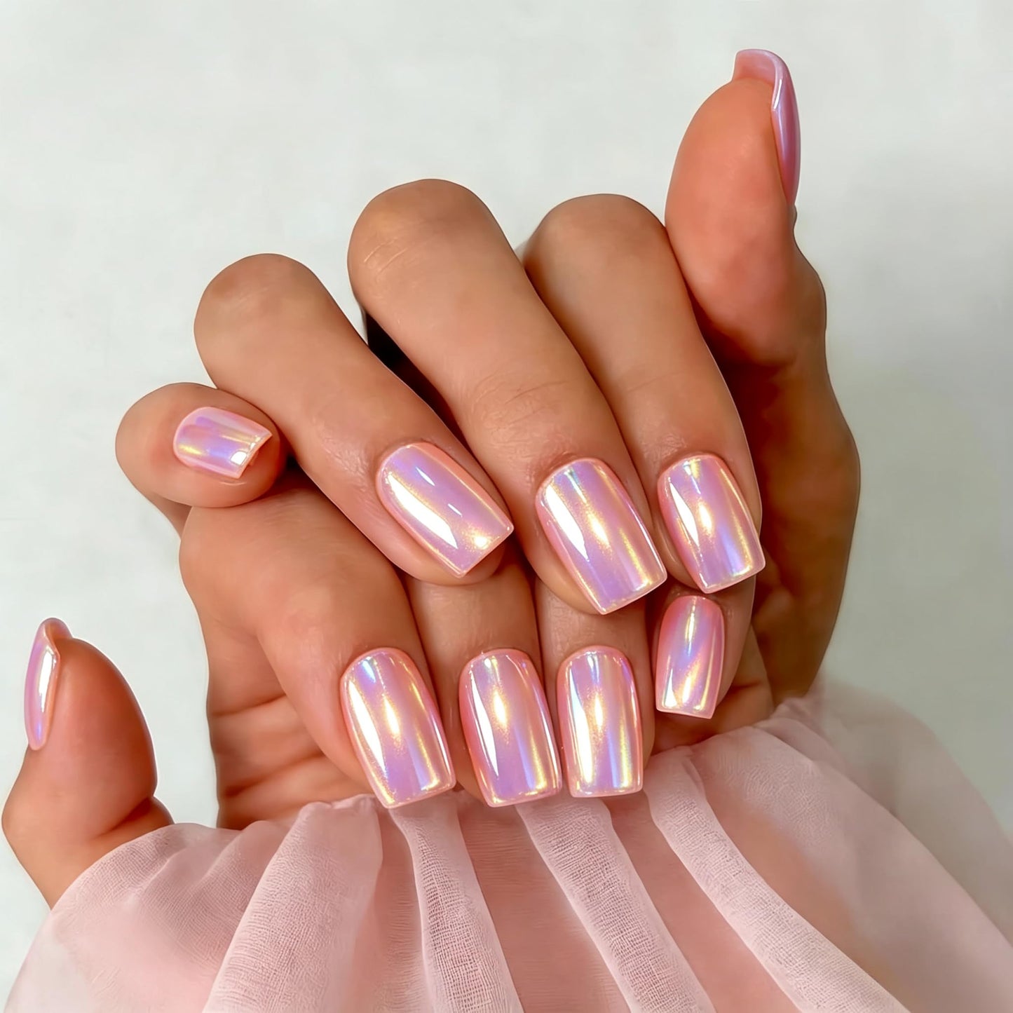 SXVME Uñas postizas cuadradas cortas medianas - Uñas postizas en cromo rosa bebé iridiscente con pegamento para mujer, uñas postizas de gel brillante, uñas postizas reutilizables, 24 unidades
