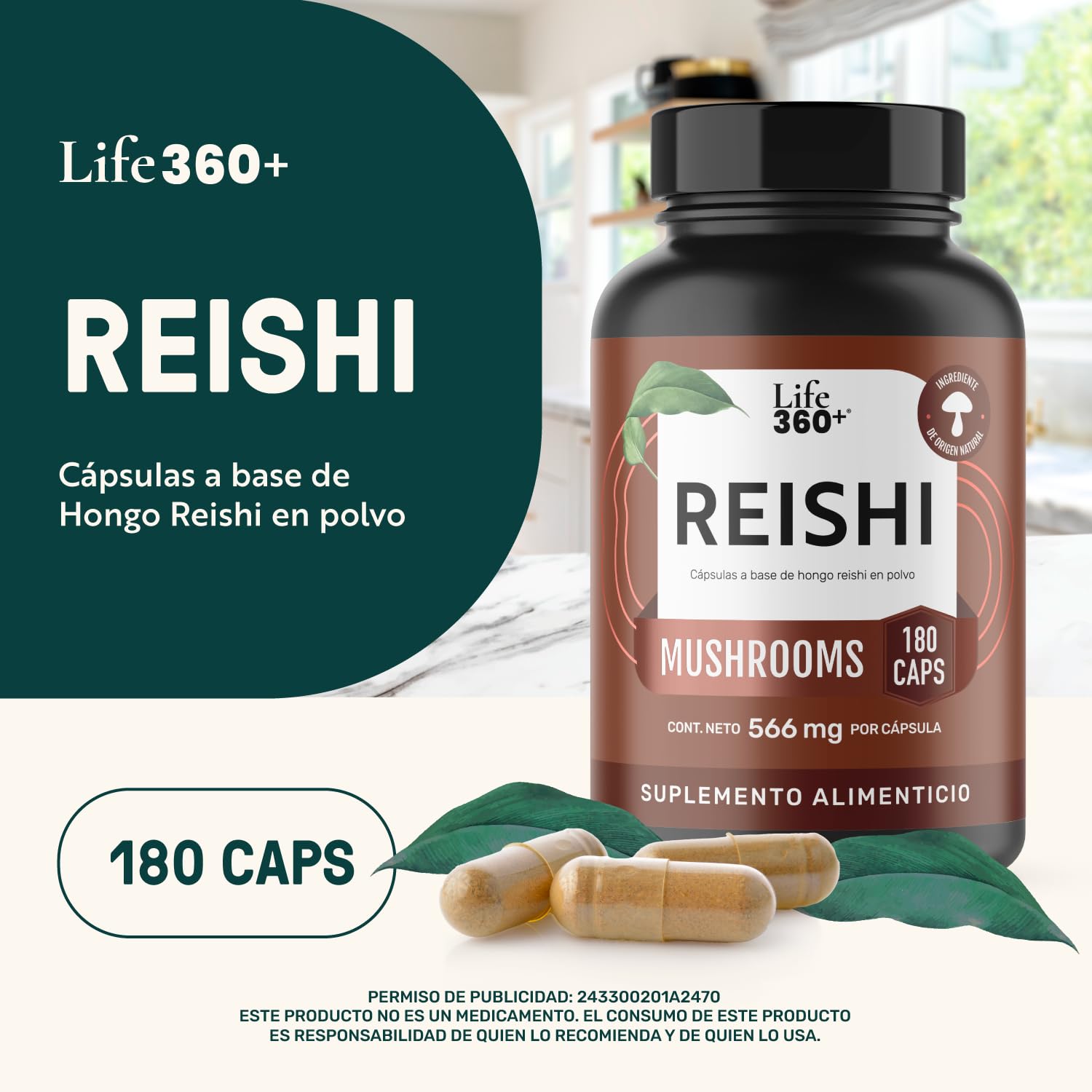 LIFE 360+ Reishi | Extracto Puro de Hongo Reishi en Cápsulas | 180 cápsulas 1232 mg por porción| 90 Porciones | Suplemento Alimenticio a Base de (Ganoderma Lucidum) en Polvo