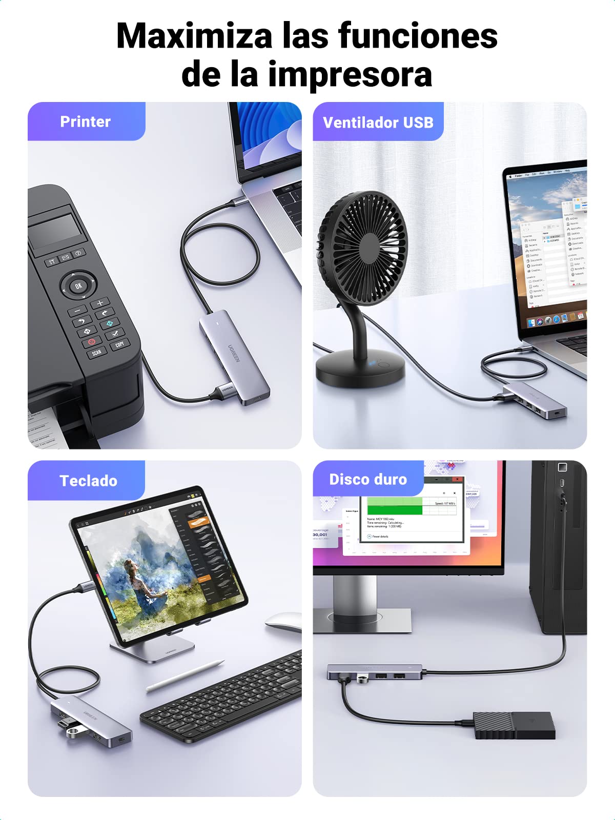 UGREEN HUB USB C, Adaptador Tipo C a 4 USB 3.0 Puertos de 5 Gbps Compatible con iPhone 16 15 Macbook Pro Air iMac iPad Chromebook Pixelbook XPS Galaxy y Más Dispositivos Tipo C 60 CM