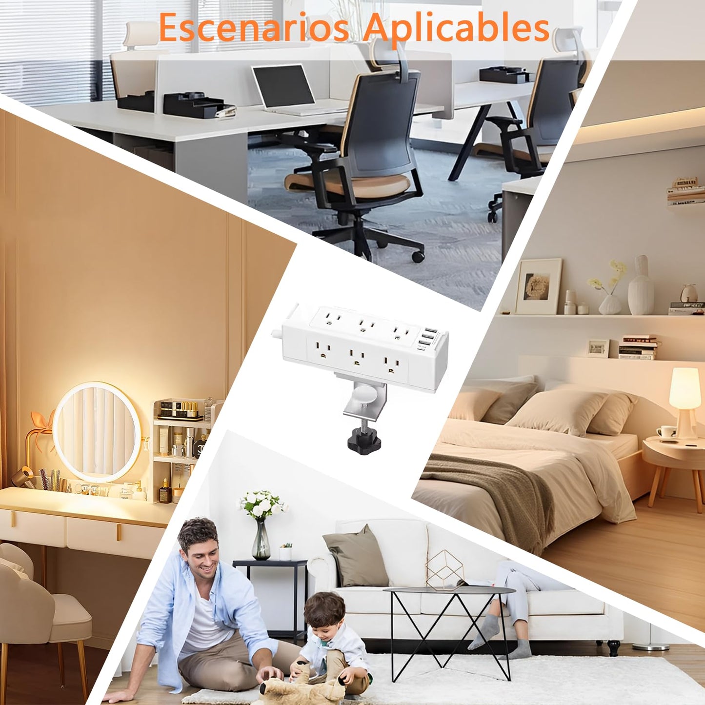 TDVCVZSD 13 en 1 Regleta con Clip para Escritorio, Protector contra sobretensiones USB-C con 9 Salidas de CA y 4 USB (1 USB C), Cable de Enchufe Plano 1,8 m para Dormitorio, casa, Oficina