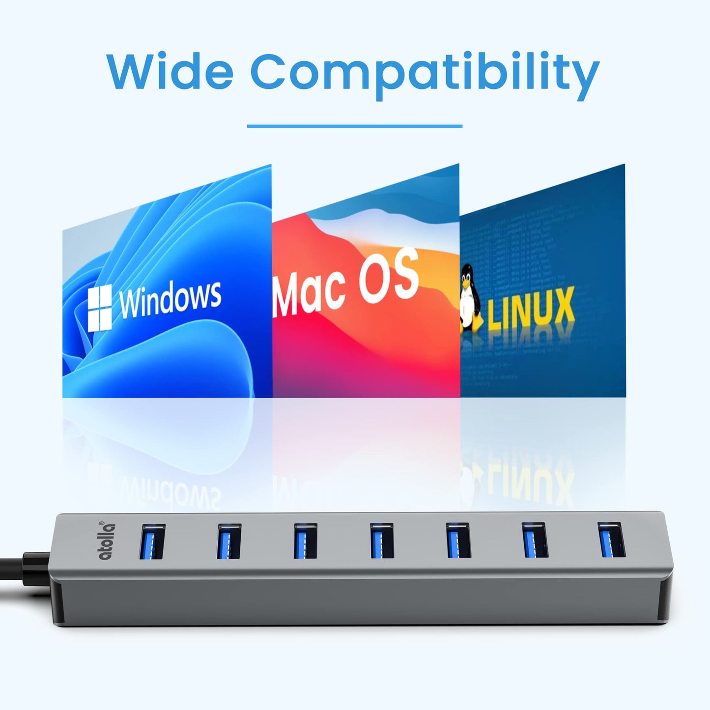 atolla Hub USB 3.0, 7 Puertos Multi USB Hub de Aluminio, Cable de Extensión de 1m Adaptador USB para PC, Portátil, Macbook Pro y más