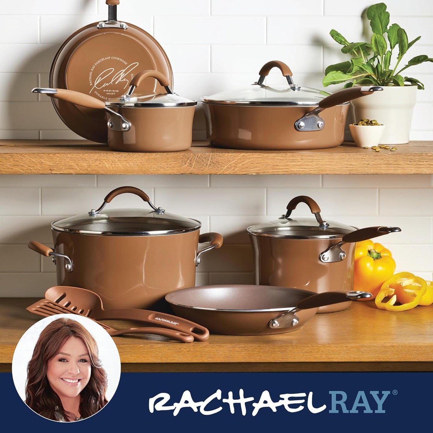 Batería de Cocina Rachael Ray Cucina Café Champiñón Anti-Adherente de Porcelana Dura 12 Piezas