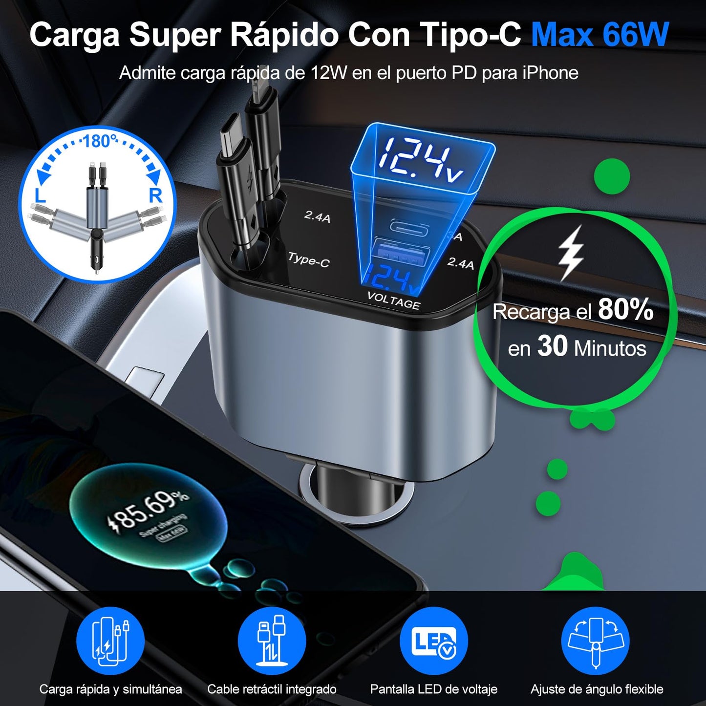 Lostrain Cargador para Auto Tipo C,Cargador de Carro 120W Total Carga Rápida 4 en 1(2 Cables Retráctiles+2 Puertos USB),Adaptador para Coche para Android iPhone 15/14/13 Huawei Xiaomi iPad