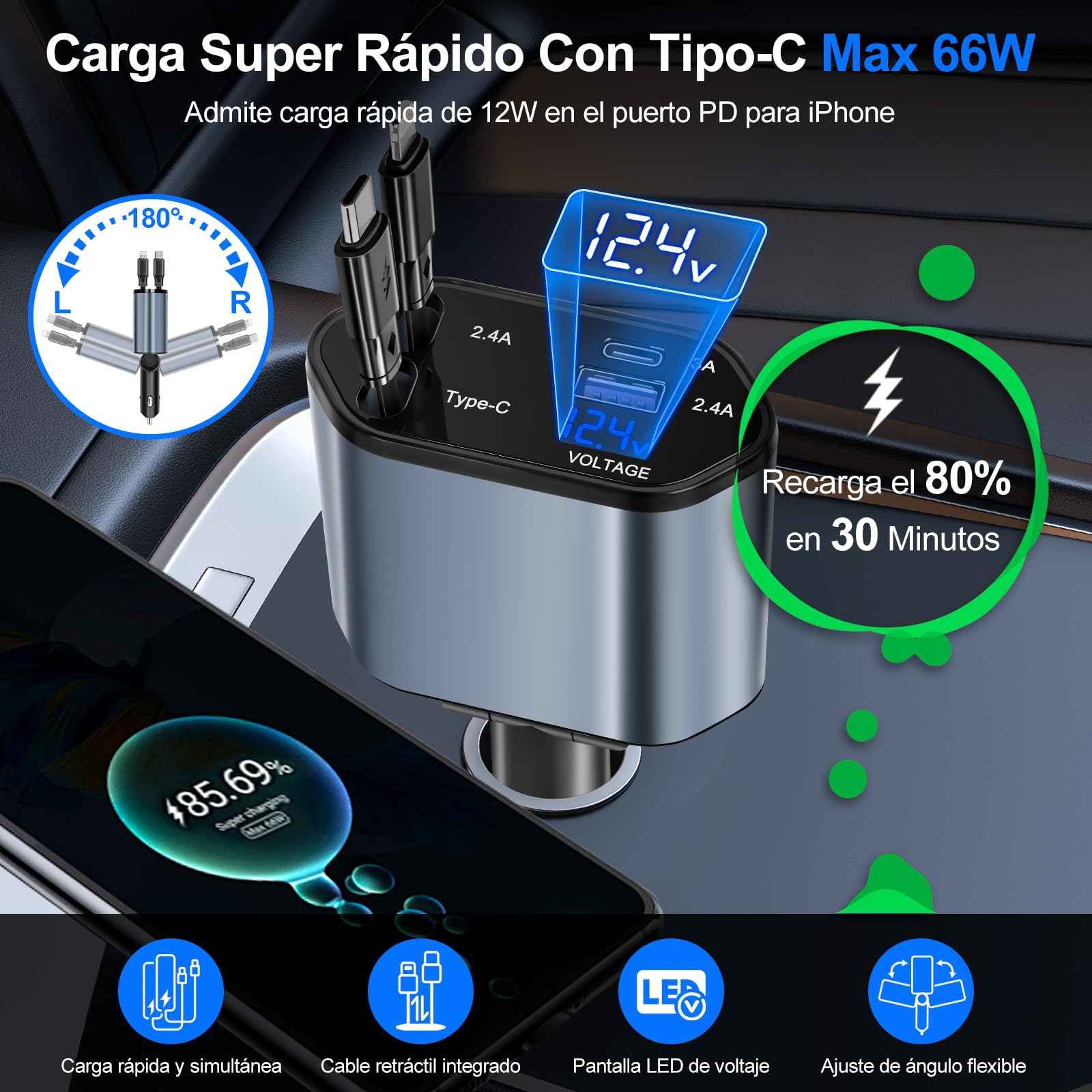 Lostrain Cargador para Auto Tipo C,Cargador de Carro 120W Total Carga Rápida 4 en 1(2 Cables Retráctiles+2 Puertos USB),Adaptador para Coche para Android iPhone 15/14/13 Huawei Xiaomi iPad