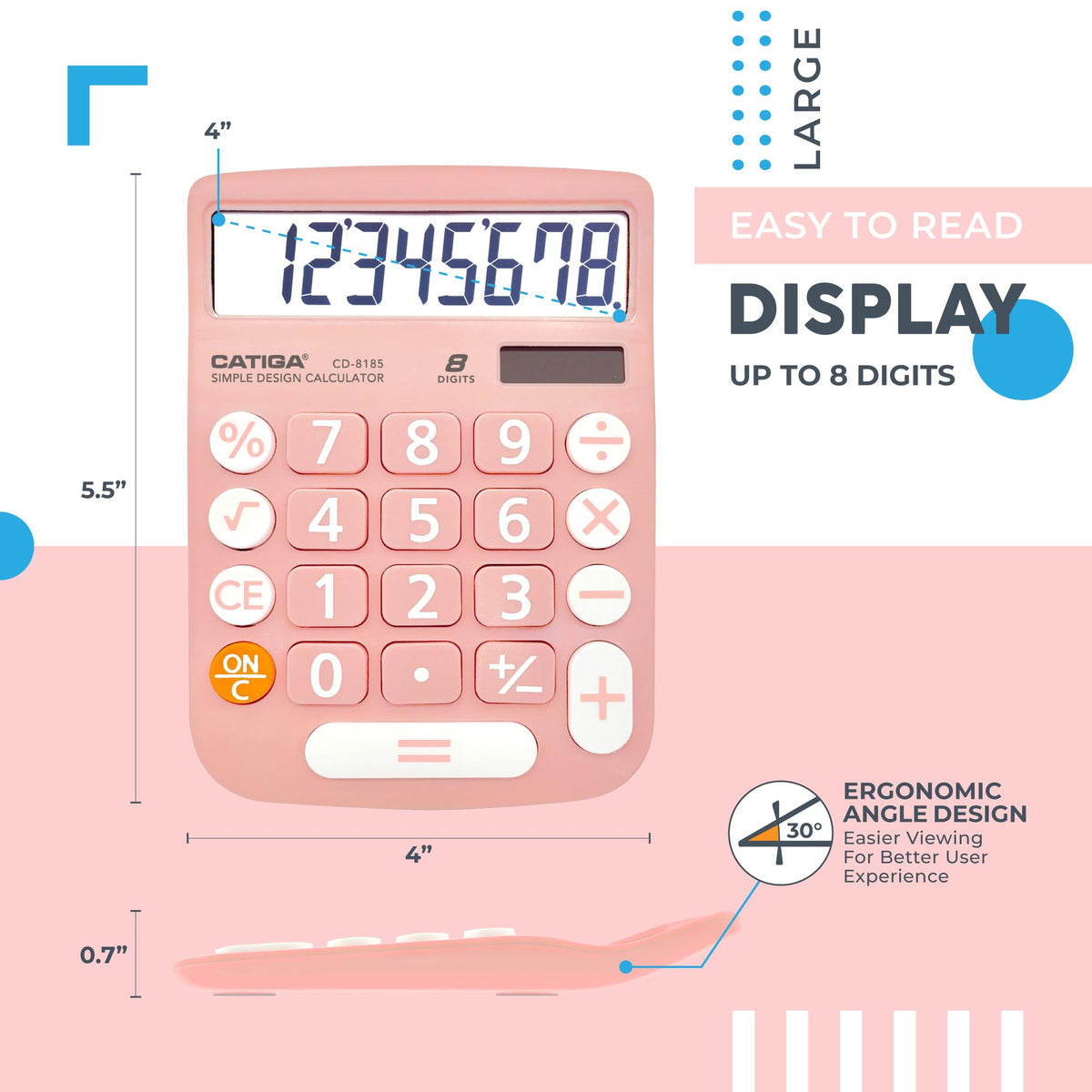 Calculadora CATIGA Solar LCD Blanco Botones Grandes básica de 8 Dígitos para Hogar, Oficina y Escuela