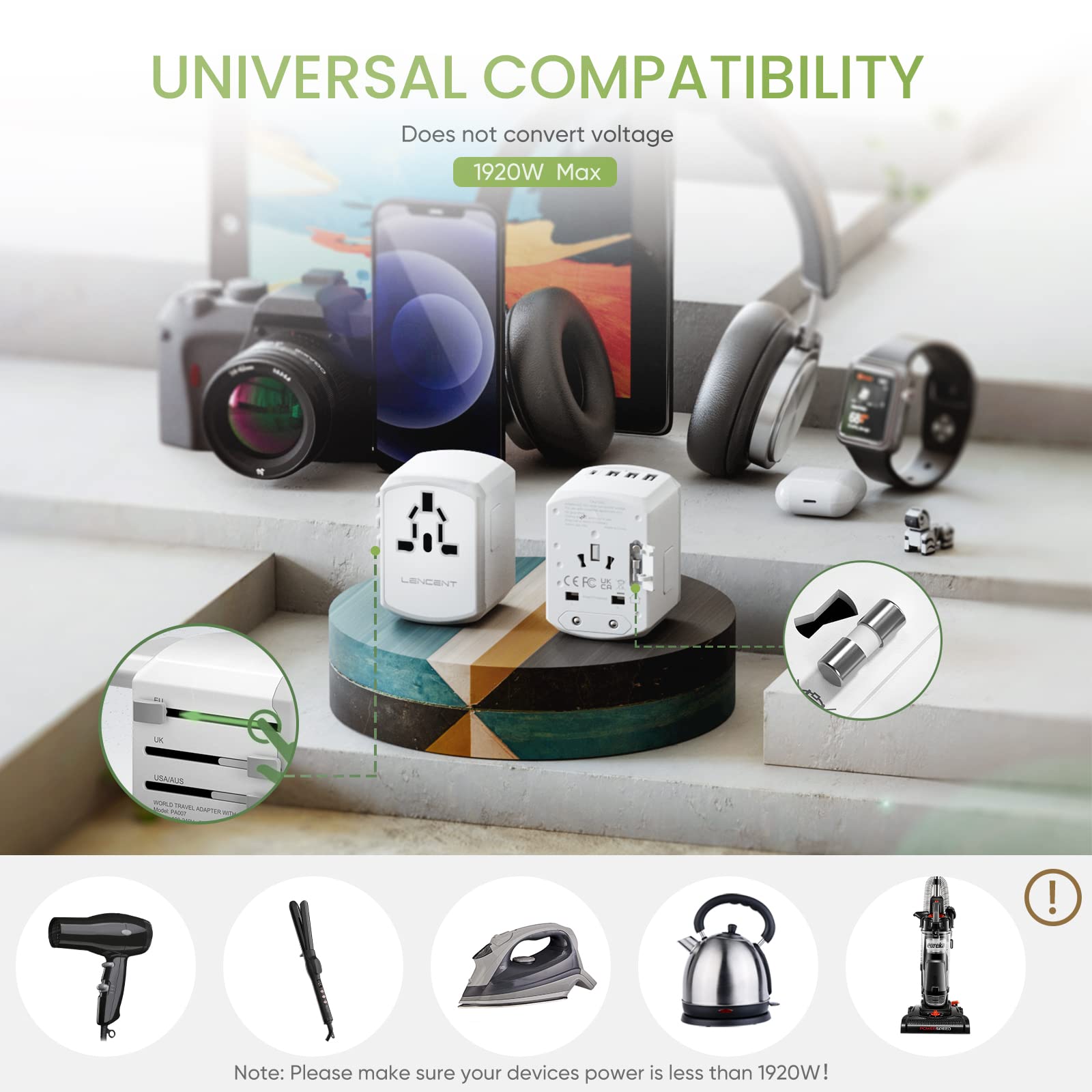 LENCENT Adaptador Universal de Viaje, 17.5W Adaptador de Corriente Europeo con 4 Puertos USB (1 UBS C), Travel Essentials para el Reino Unido, Europa, Americano, Argentina, Australia, Blanco