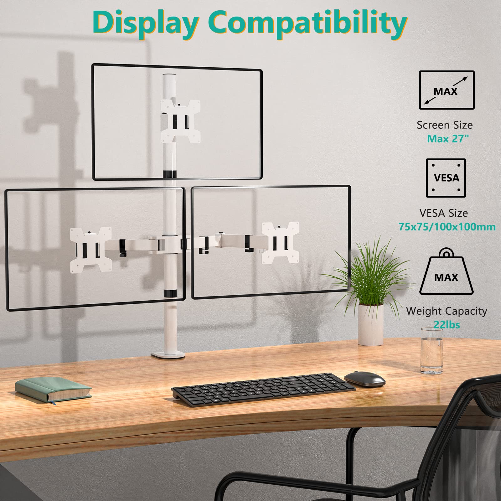 Soporte de Monitores Triple WALI Blanco Ajustable para Tres Pantallas de Hasta 27 Pulgadas