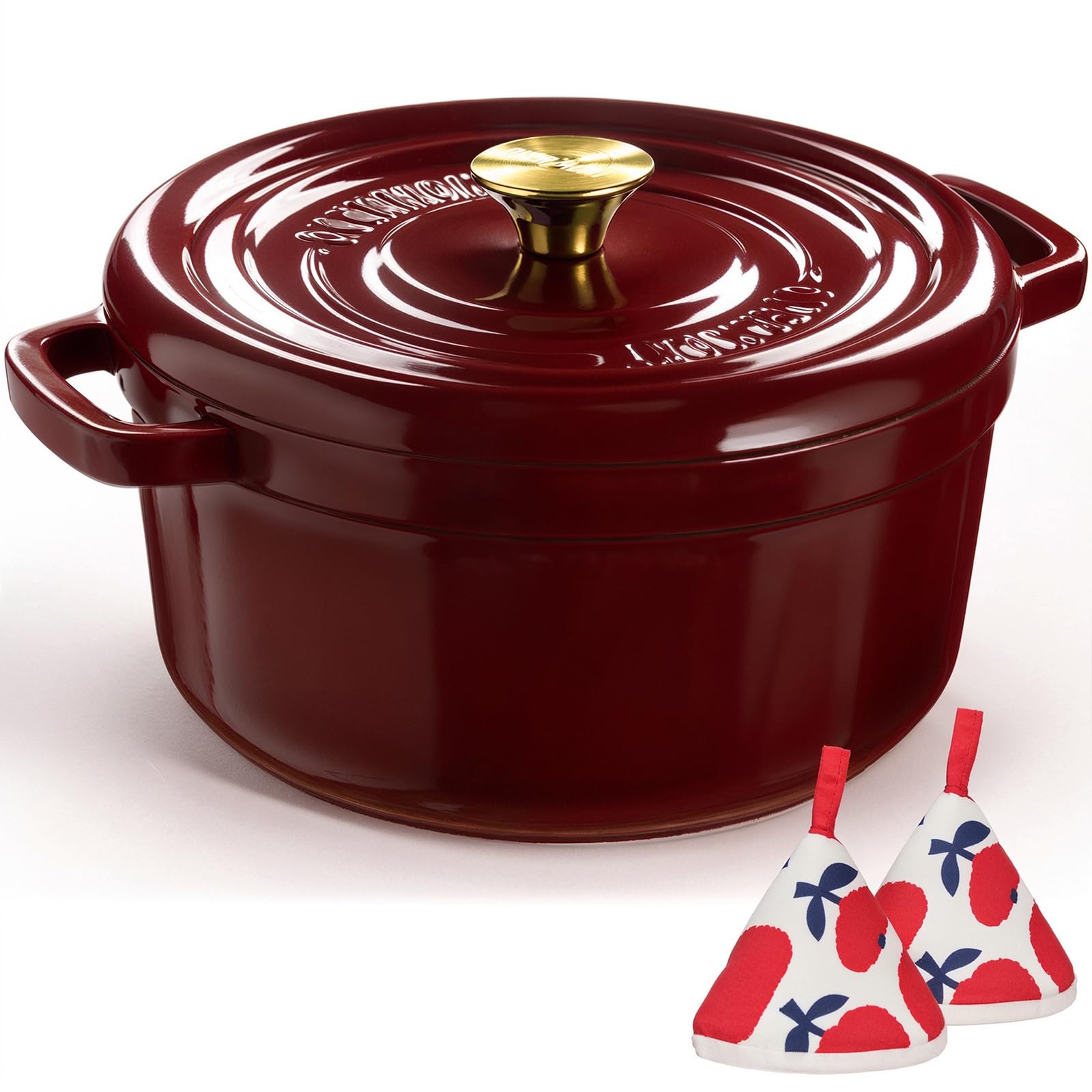 Overmont - Horno holandés de hierro fundido de 5.5 cuartos – Doble asas ensanchadas – Olla esmaltada con libro de cocina – Utensilios de cocina de esmalte resistente con agarraderas de algodón para