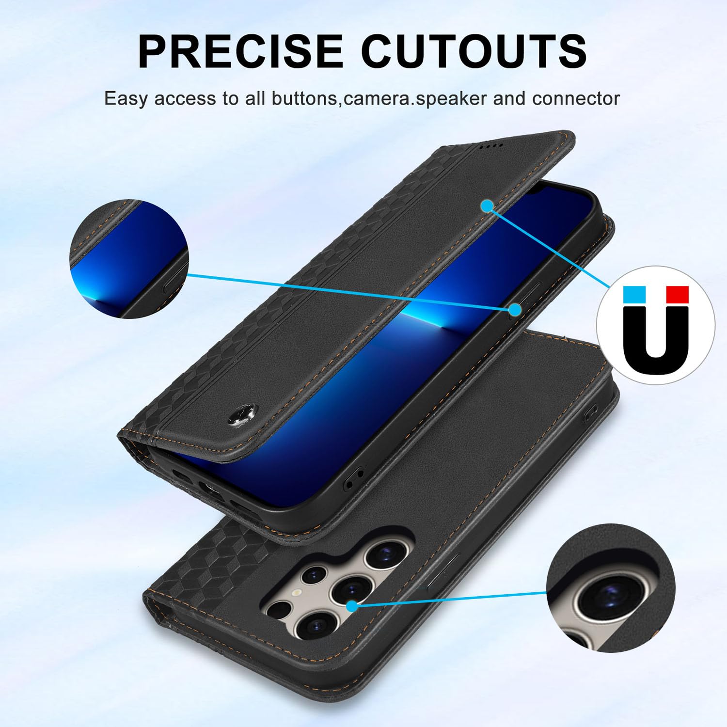 Auslbin Funda para Samsung Galaxy S25 Ultra 5G 6.8, Flip Funda, Protectora PU Anticaída Samsung S25 Ultra/SM-S938B/DS Funda, Adsorción Magnética Paquete de Tarjetas Móviles, Negro