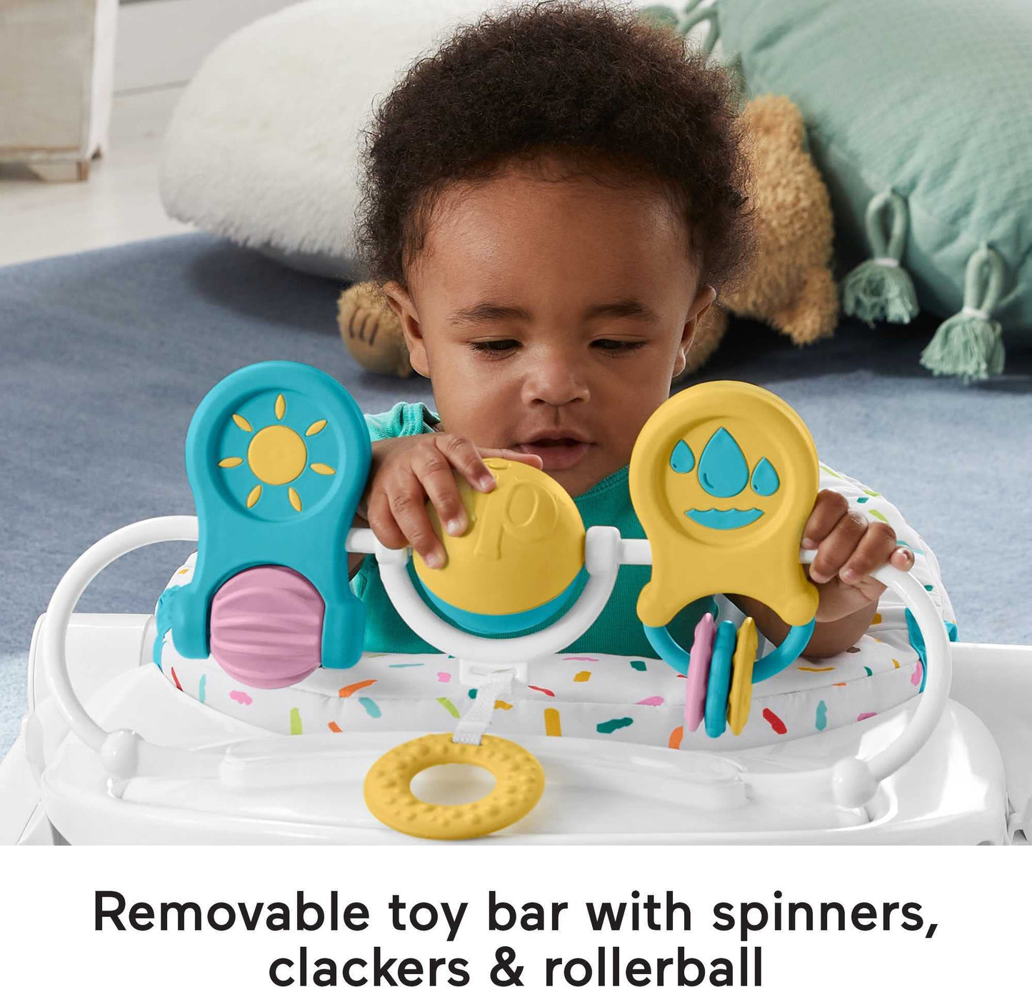 Fisher-Price - Silla portátil para bebé de lujo, asiento de suelo sentado con bandeja para aperitivos, juguetes de actividad para recién nacidos y almohadilla lavable con chorros de arco iris