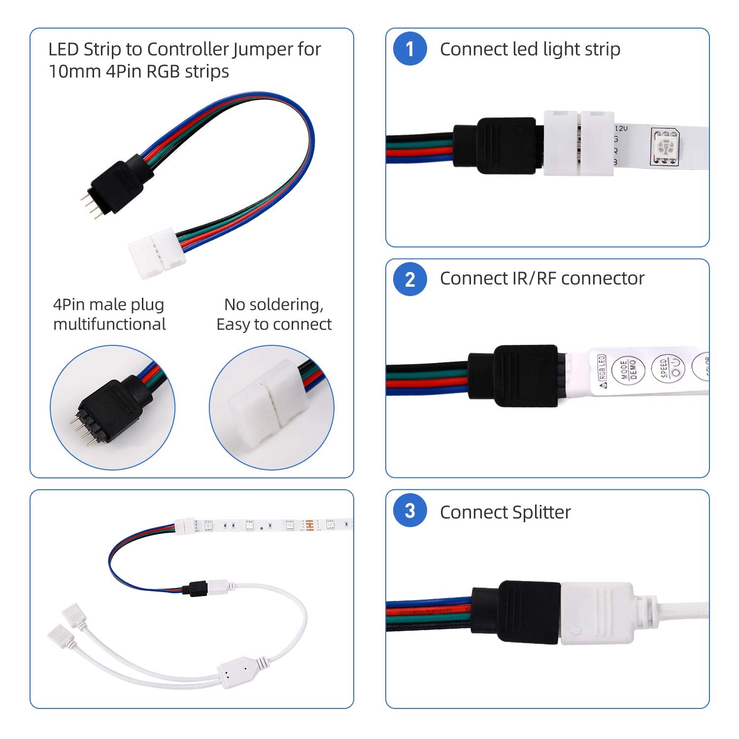 MAOXWY - Kit de conector de luz LED para tira de luces LED 5050, 4 pines, 10 mm, tiras de luz LED RGB con conectores clips y herramientas