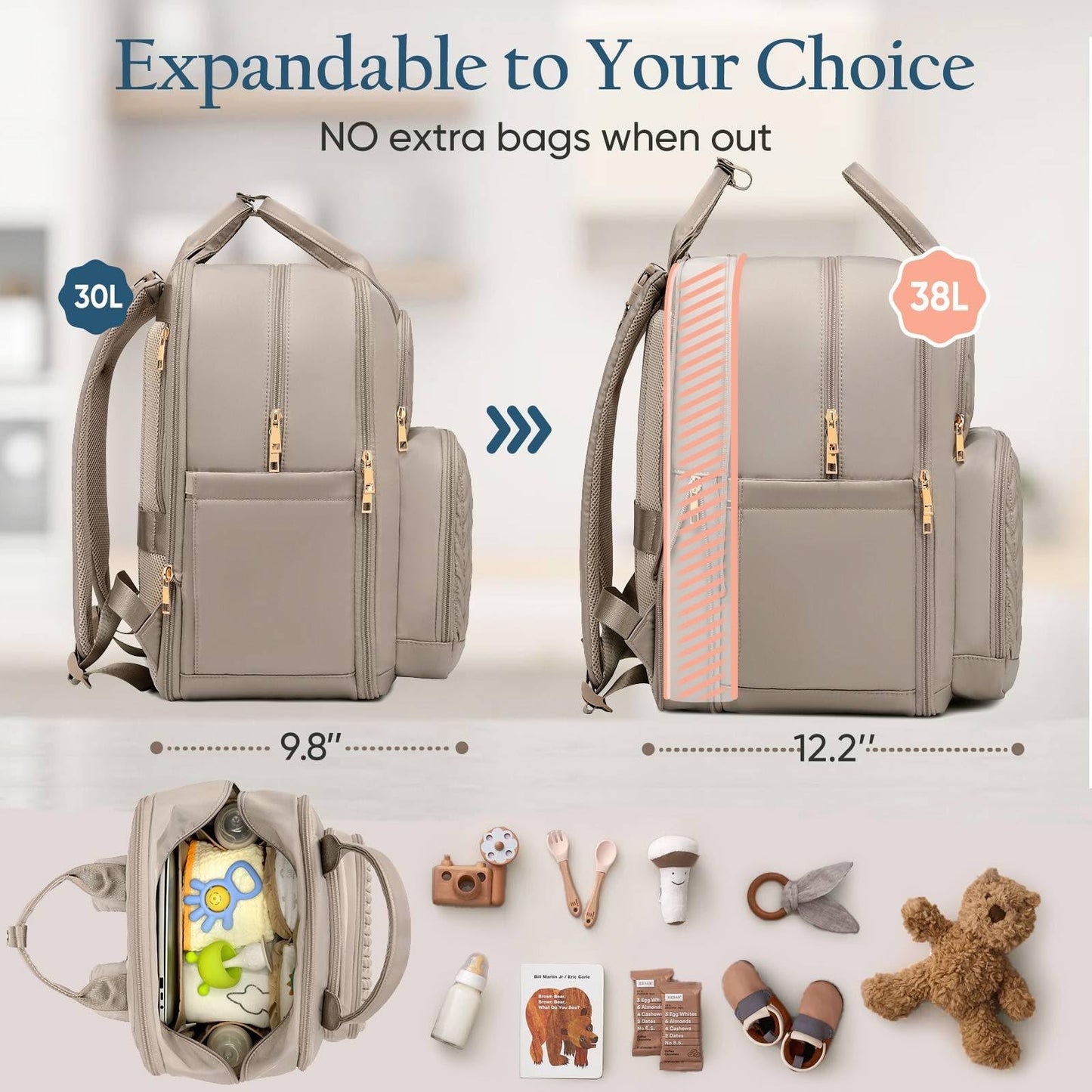 Qualyphant Mochila para pañales - Mochila para pañales extragrande para dos niños gemelos (expandible 30-38L) - Mochila de viaje para bebé con cambiador para mamá y papá (acolchada, resistente al agua