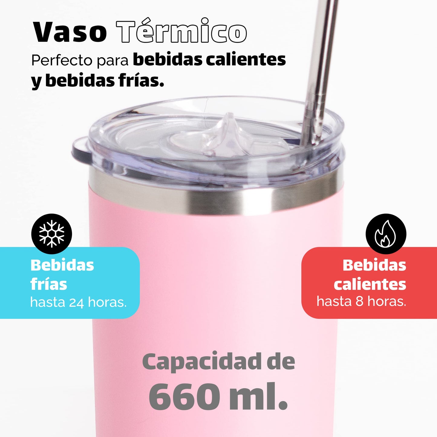 Vaso Térmico NORDAY Rosa Claro 22 oz Acero Inoxidable Antiderrame Doble Pared para Viaje