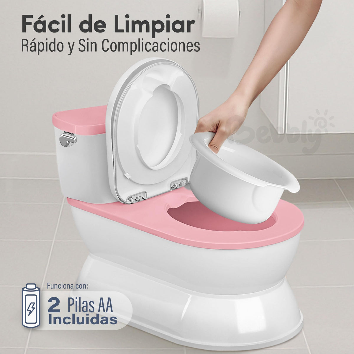 BEBBLY Bañito Entrenador Infantil con Sonido Musical Portarrollo y Almacenamiento Asiento Antiderrapante para Niños y Niñas de 6 Meses a 3 Años Fácil de Limpiar Ideal para Aprender a Ir al Baño (Rosa)