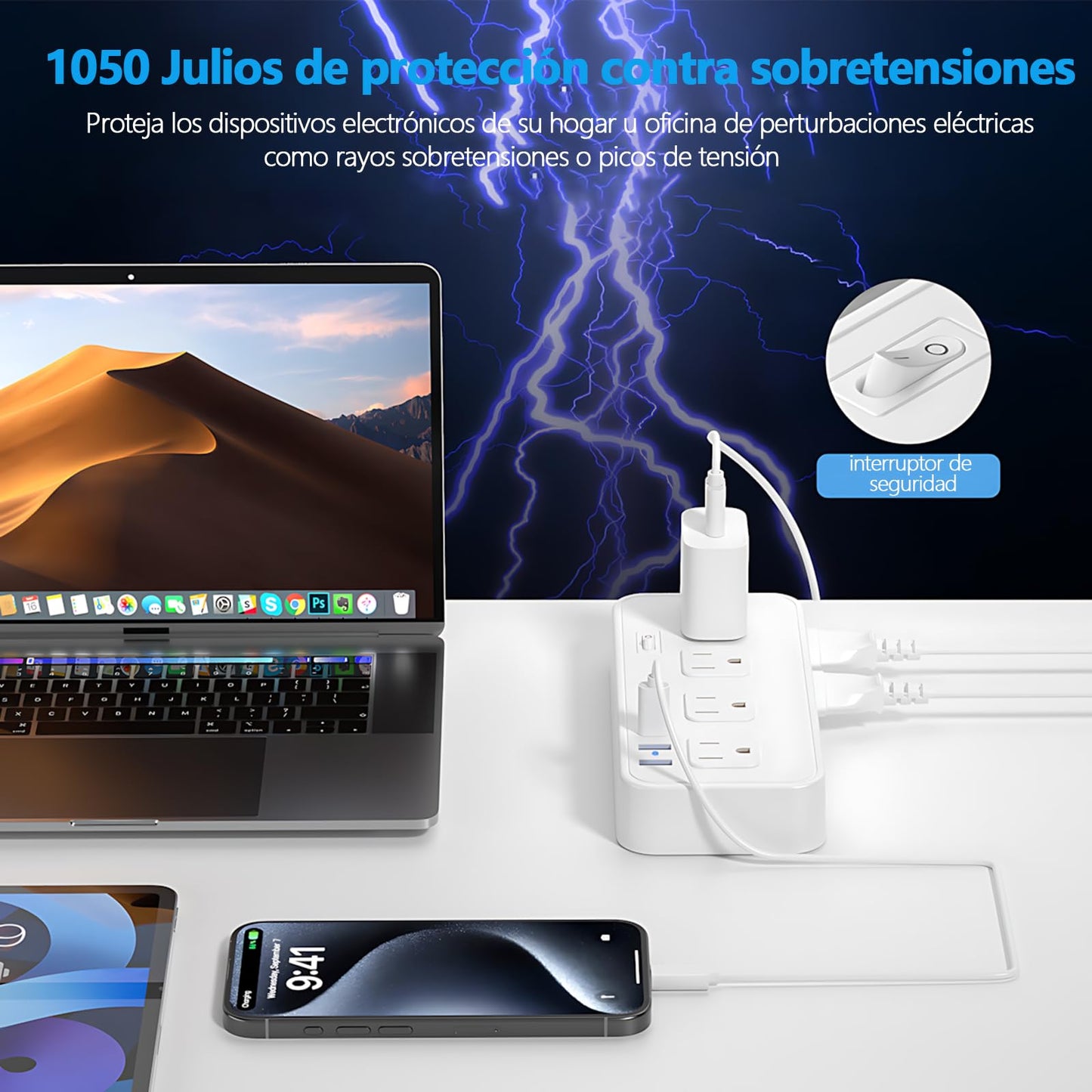 Multicontacto SSOUILI Blanco 12 en 1 con Protector de Sobretensión y Extensión Plana de 1.5M para Oficina en Casa