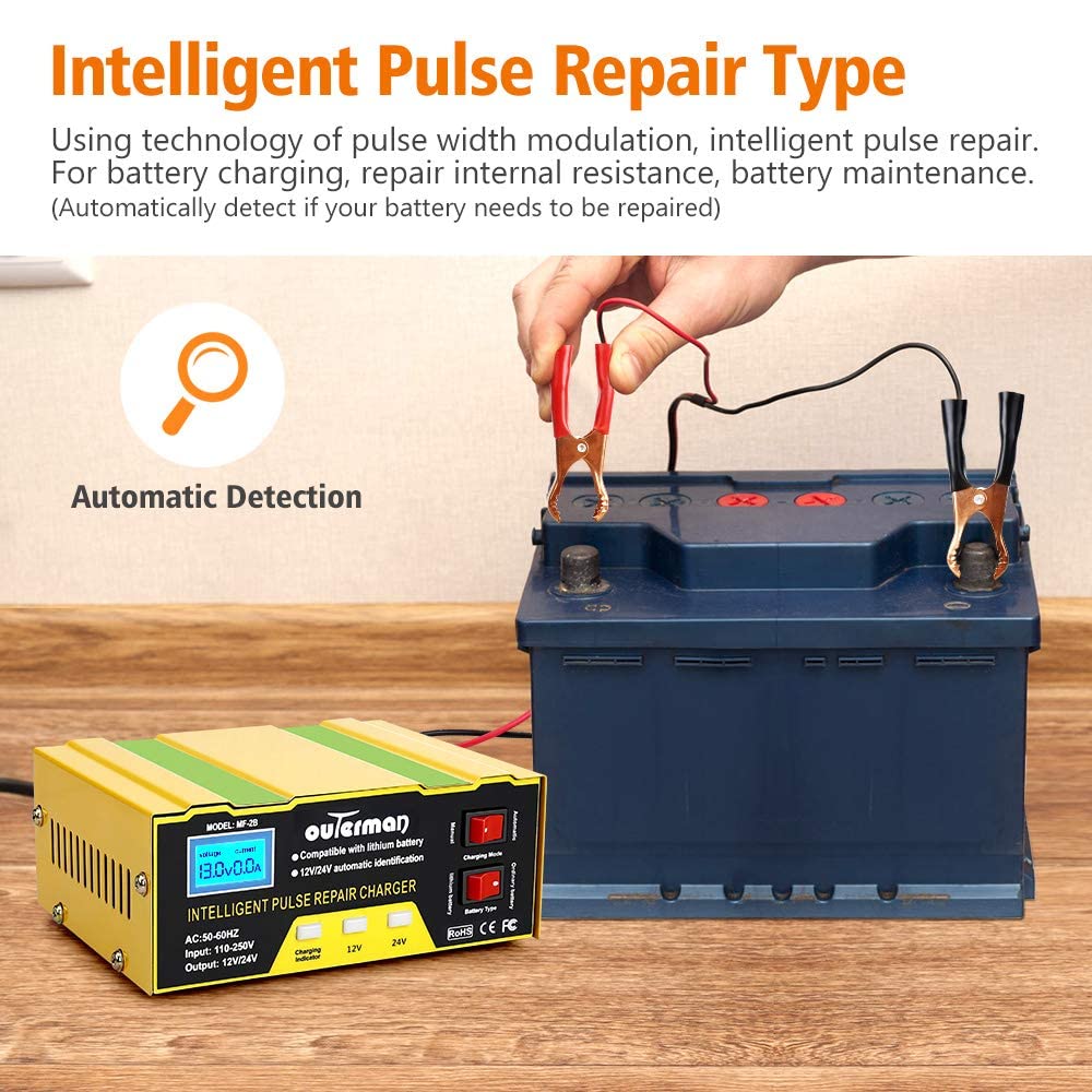 Outerman - Cargador de batería de coche de 12 V - 24 V, cargador de batería automático para coche, barco, motocicleta, podadora, batería de plomo ácido o batería de litio. Capacidad: 6AH~105AH