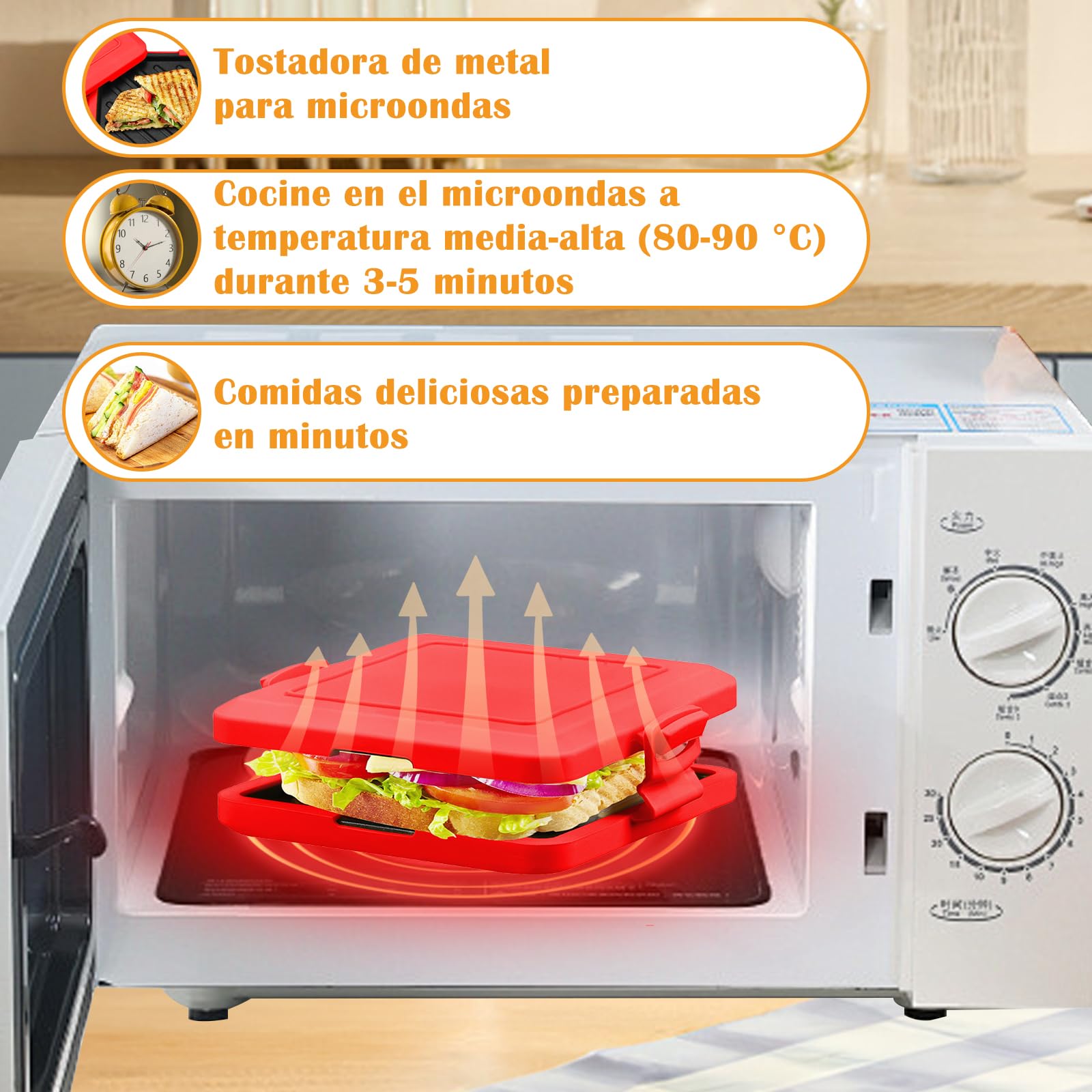 Garqitwan Tostadora para Microondas, Sandwichera Tostada para Microondas, Gofrera Multifunción Antiadherente con Correas de Silicona Ajustables (Rojo)