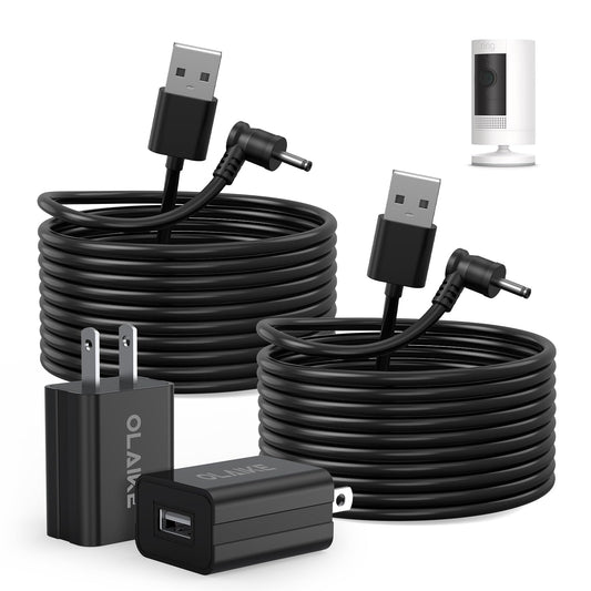 OLAIKE 5 m/ 16 pies (Paquete de 2) Cable de Carga Resistente a la Intemperie para Stick Up CAM Battery/Plug-in y Spotlight CAM Battery y Soporte para inclinación y Vista panorámica, Negro