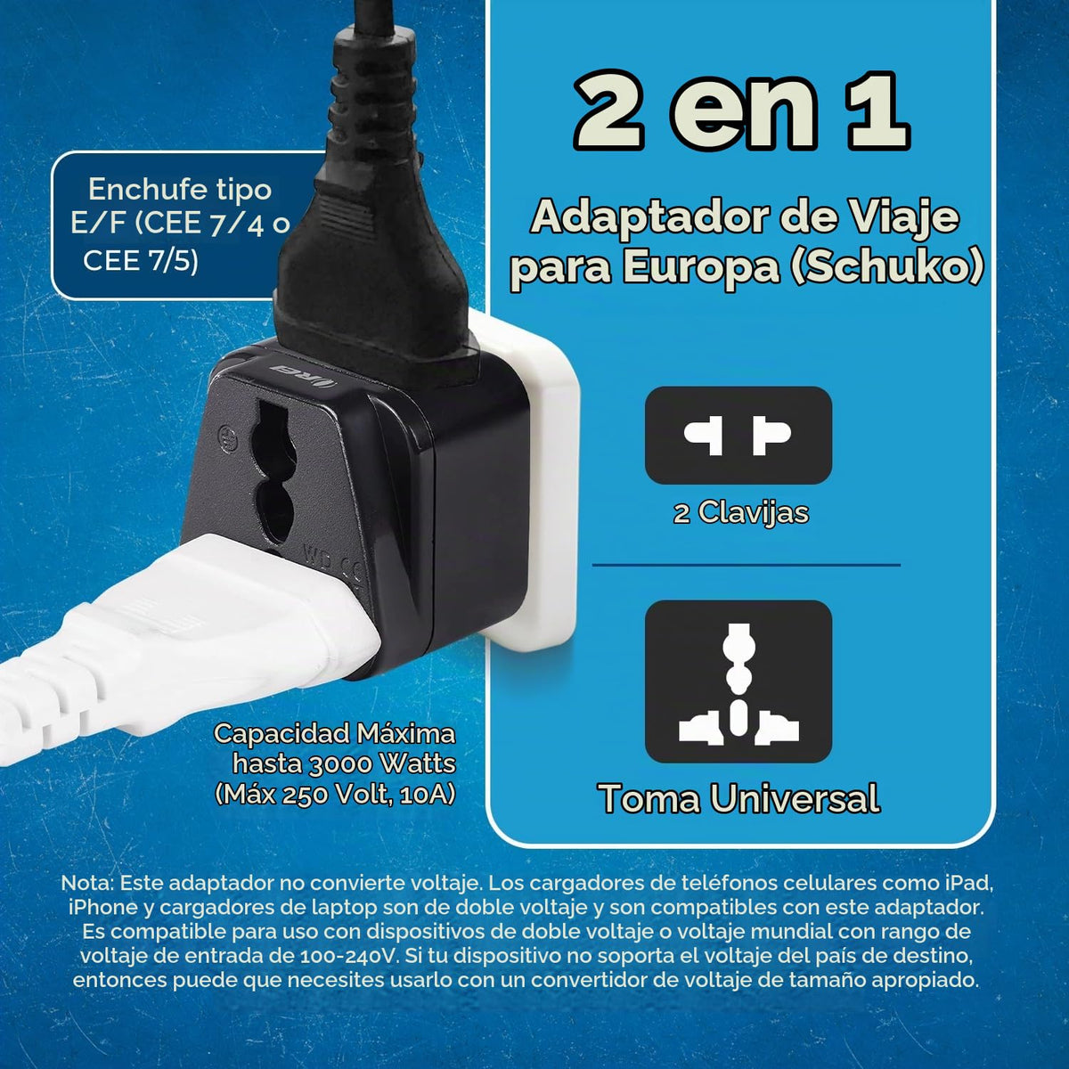 Adaptador de Enchufe 2 en 1 Orei Negro Schuko Tipo E/F 2 Pack