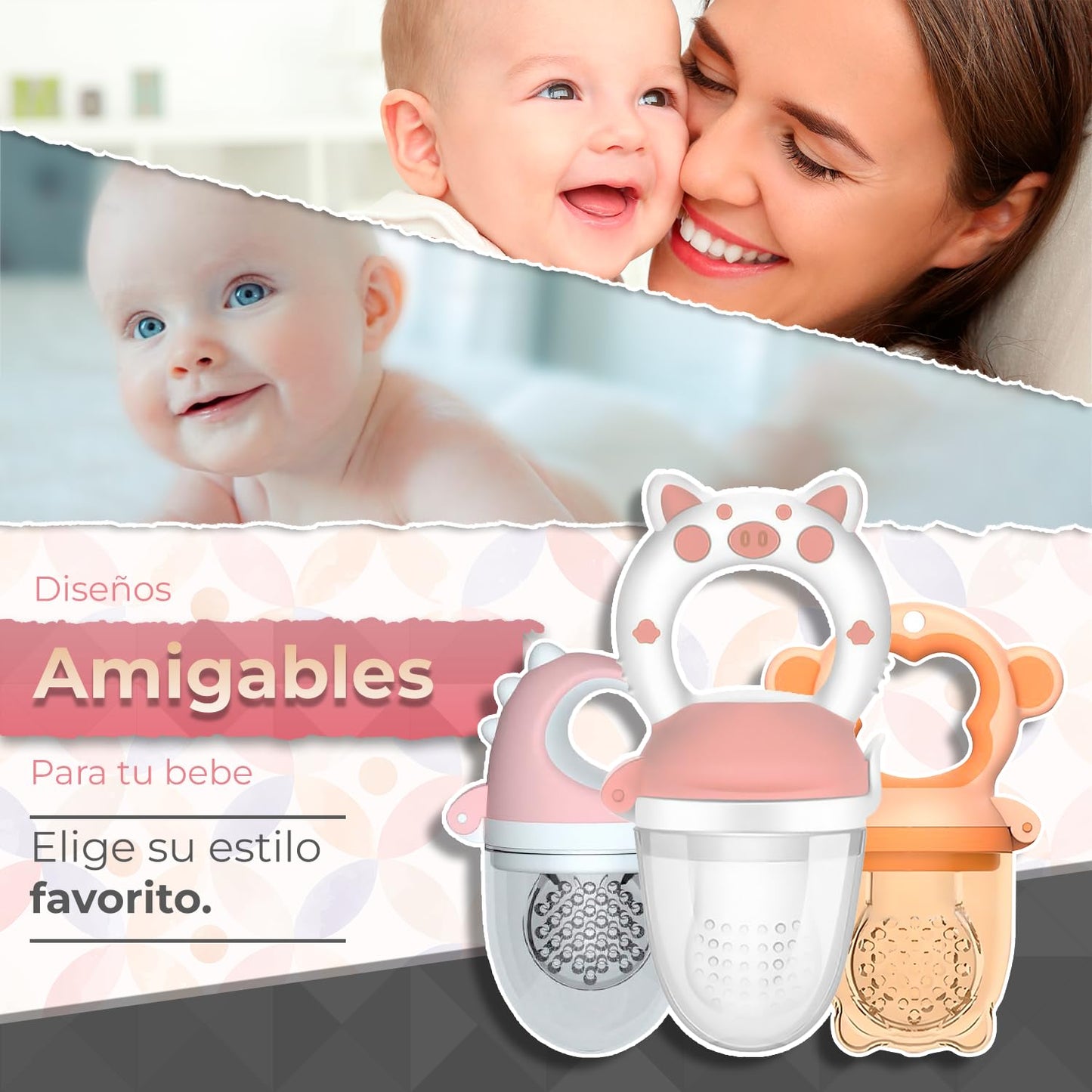 Chupones alimentadores para frutas y papillas con tapa libre de bpa, dibujos animados, 4m+ 3 piezas (pig blanco rosa / dino rosa / monkey naranja)