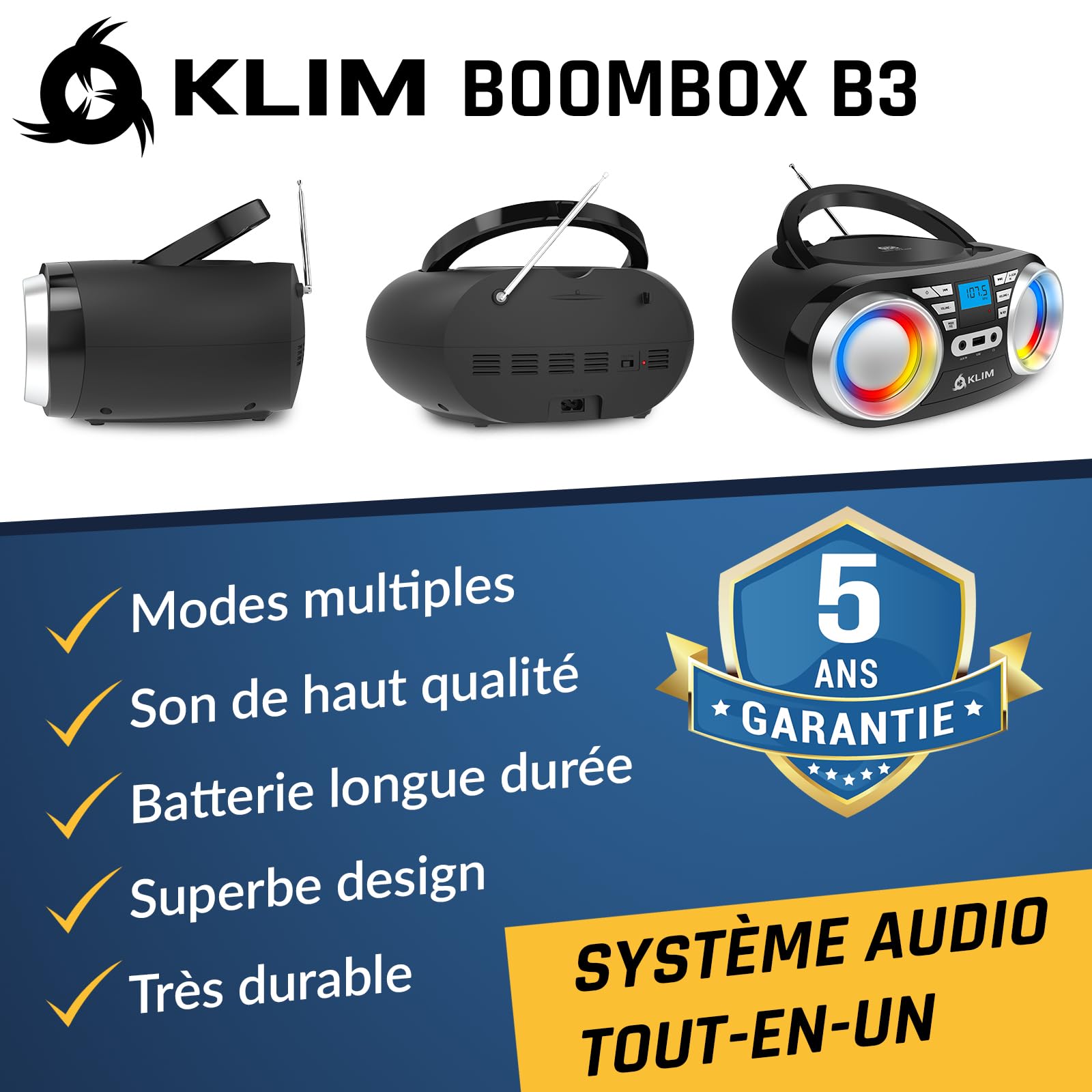 KLIM Boombox B3 - Reproductor de CD portátil con Radio FM y batería Recargable | Luces RGB | Bluetooth, MP3, AUX, Radio FM, CD, USB | Radio CD portátil con ecualización Digital | Nuevo