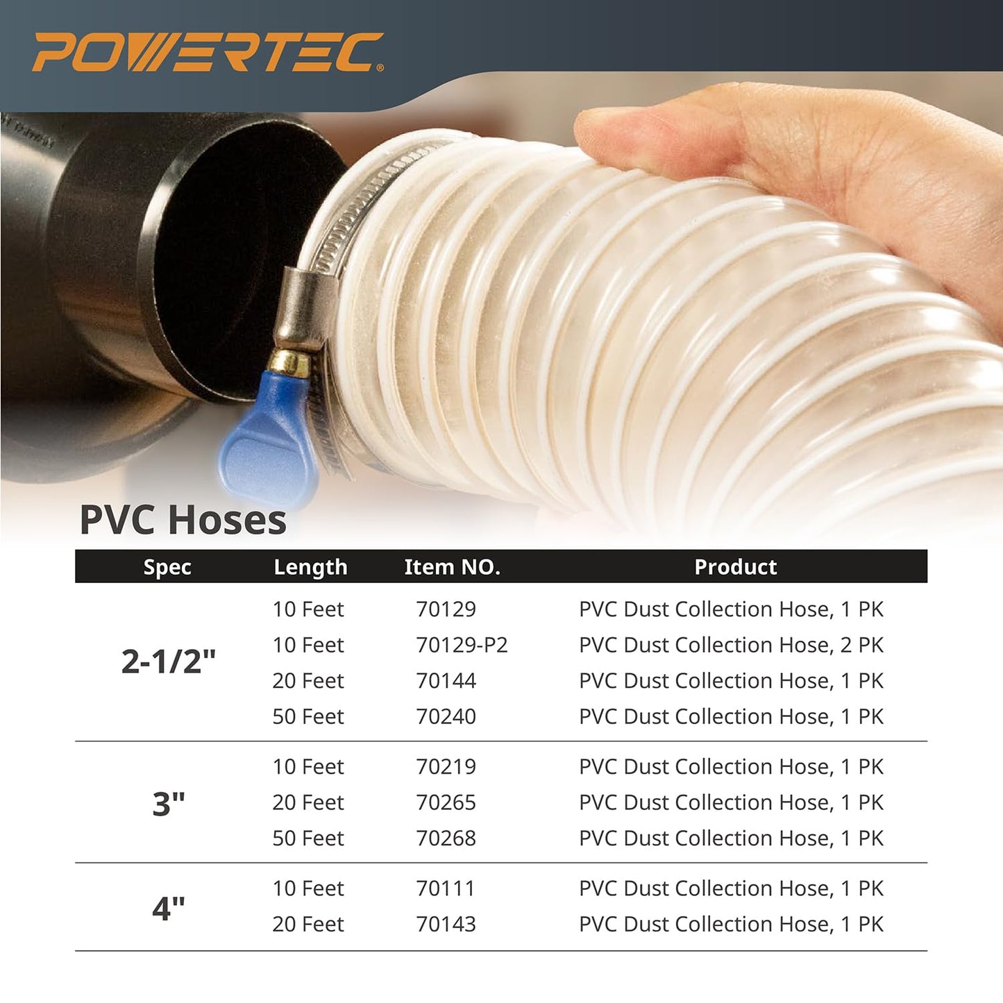 Manguera de Recogida de Polvo PVC POWERTEC 70221 Transparente 6 Pulgadas x 10 Pies para Carpintería