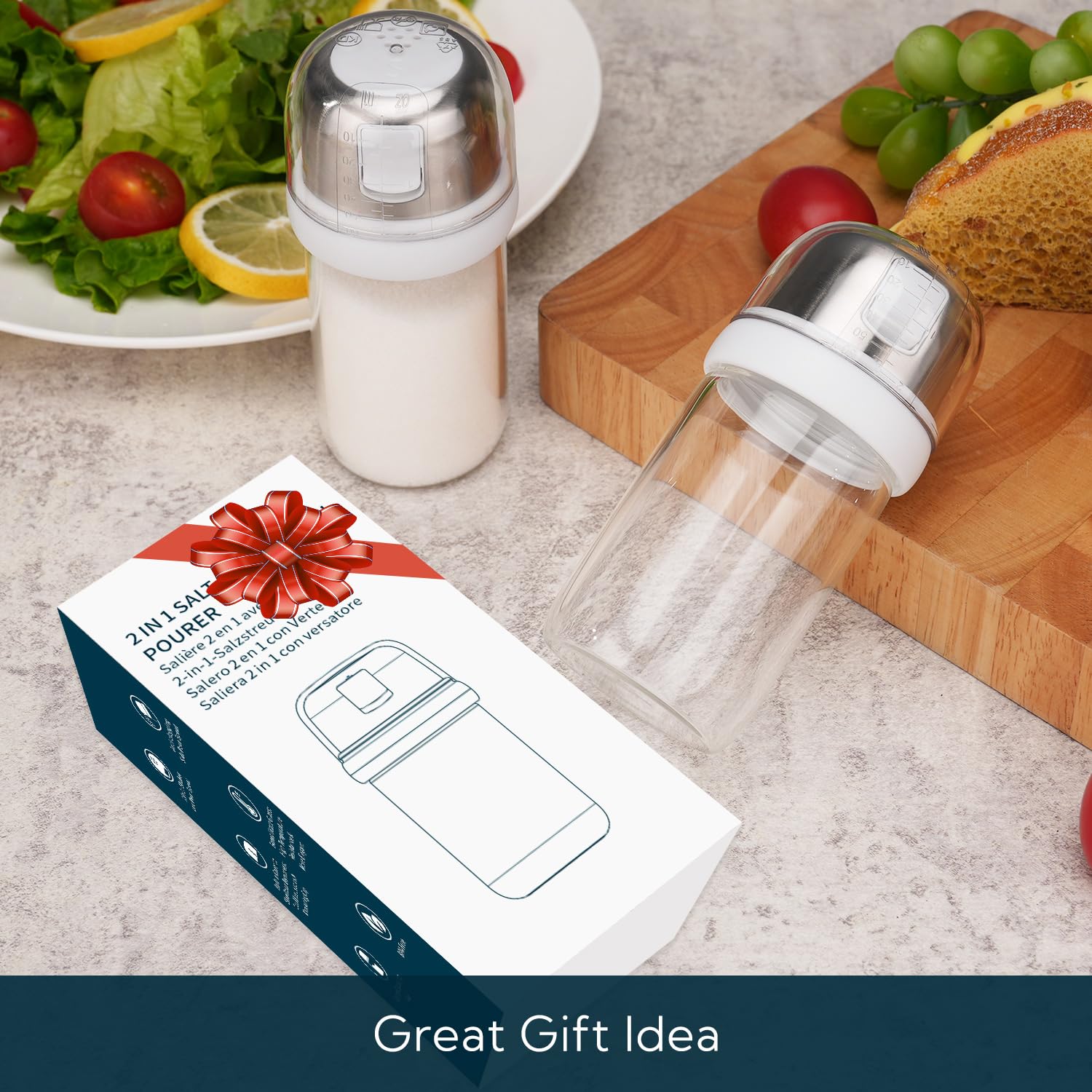 KTCHENDAO - Salero de vidrio 2 en 1 con boquilla lateral para verter la tapa, tapa integrada para ralentizar la humedad con marcas de mearsuring, elegante dispensador de sal de vidrio borosilicato