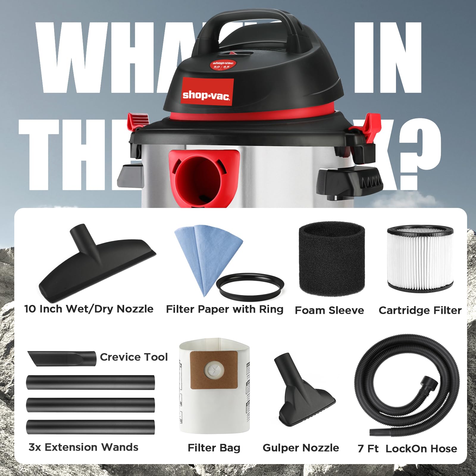 Aspiradora Húmeda y Seca Shop-Vac Acero Inoxidable 5 Galones Portátil para Taller y Cochera