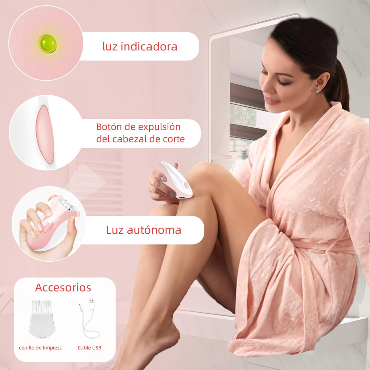 Maquina Depiladora Mujer, Rasuradora mujer eléctrica impermeable IPX5, Depiladora electrica portátil, Para depilación indolora de axilas, brazos, piernas, labios y todo cuerpo.