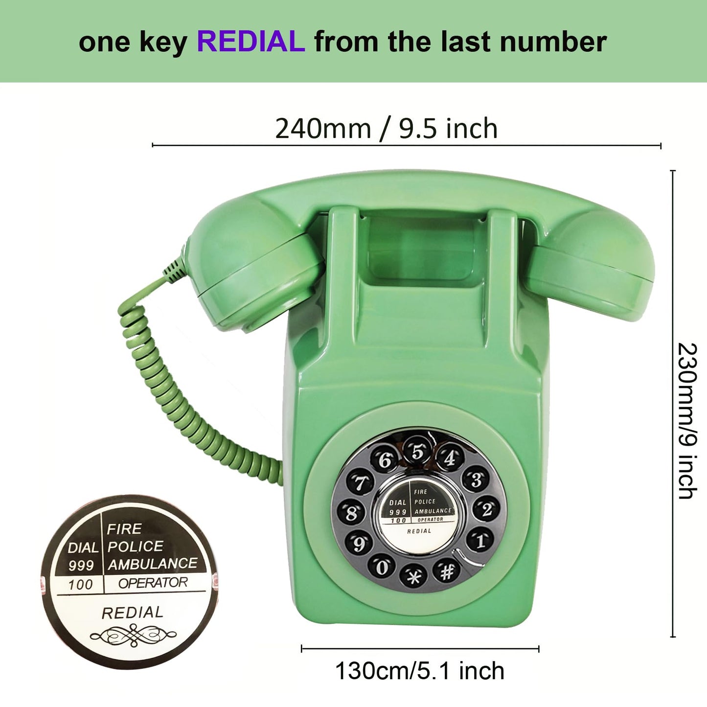 Teléfono de pared, teléfono fijo con cable para el hogar, teléfono retro montado en la pared, teléfonos antiguos de los años 60, teléfono analógico de línea única con timbre fuerte para personas mayores (verde)