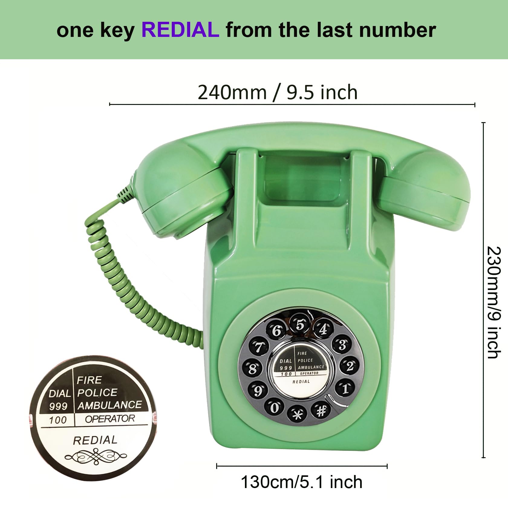 Teléfono de pared, teléfono fijo con cable para el hogar, teléfono retro montado en la pared, teléfonos antiguos de los años 60, teléfono analógico de línea única con timbre fuerte para personas mayores (verde)