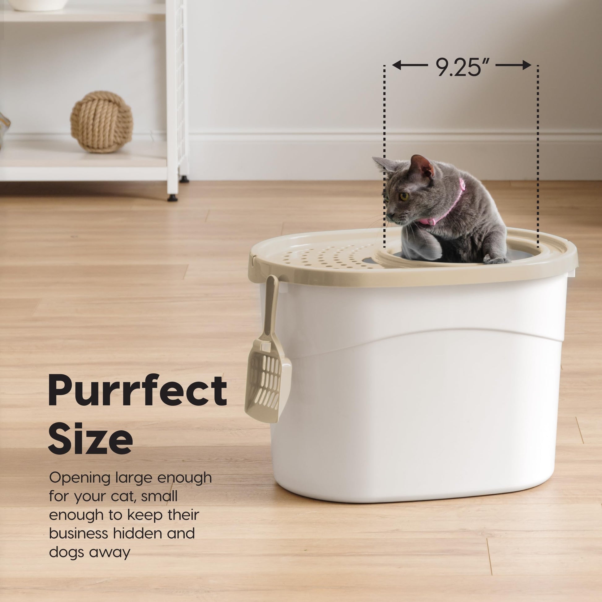 IRIS USA Caja de Arena para Gatos de Entrada Superior Redonda y Sencilla Grande con Pala, Bandeja de Arena Curva con Cubierta que Captura Partículas de Arena y Paredes de Privacidad, Blanco/Beige