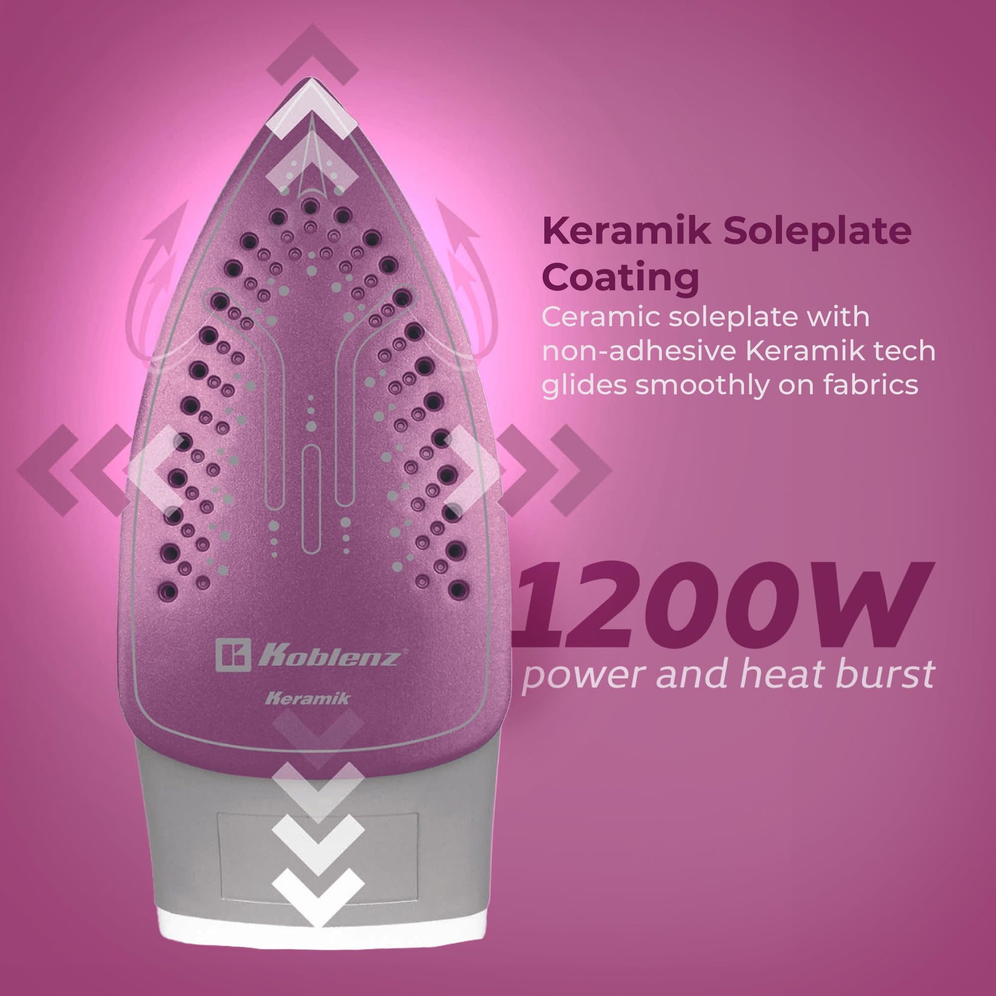 Koblenz - Plancha de Vapor Koblenz Ultra Keramik Pro de 1200 W y tanque de agua de 220ml con Suela Cerámica, Sistema que Evita el Sarro, Anti-calc, Cable con rotación de 360°, Rosa con Blanco (PKK-350 R)