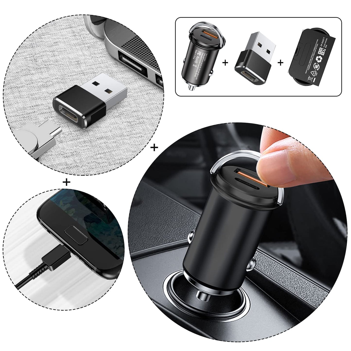 3en1 63W Fast Charger Cargador para Auto, Cargador de Coche,Carga Rápida Tipo C PD 45 W, Quick Charge QC 18W para Samsung S22 Ultra, S21 FE/S21+, para iPad Pro/Mini Redmi Xiaomi iPhone 14 Pro MAX