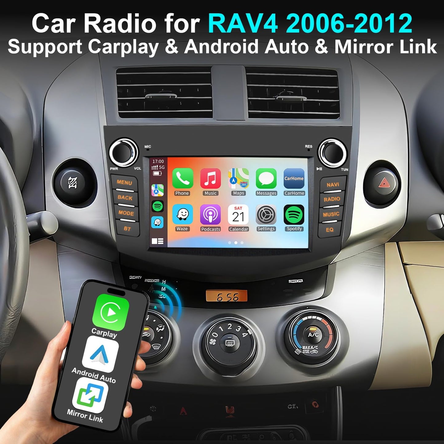Radio estéreo de coche 4+64G para Toyota RAV4 2006 2007 2008 2009 2010 2011 2012 inalámbrico CarPlay Android Auto, visualización táctil estéreo GPS Navi WiFi, cámara de respaldo, botón físico FM