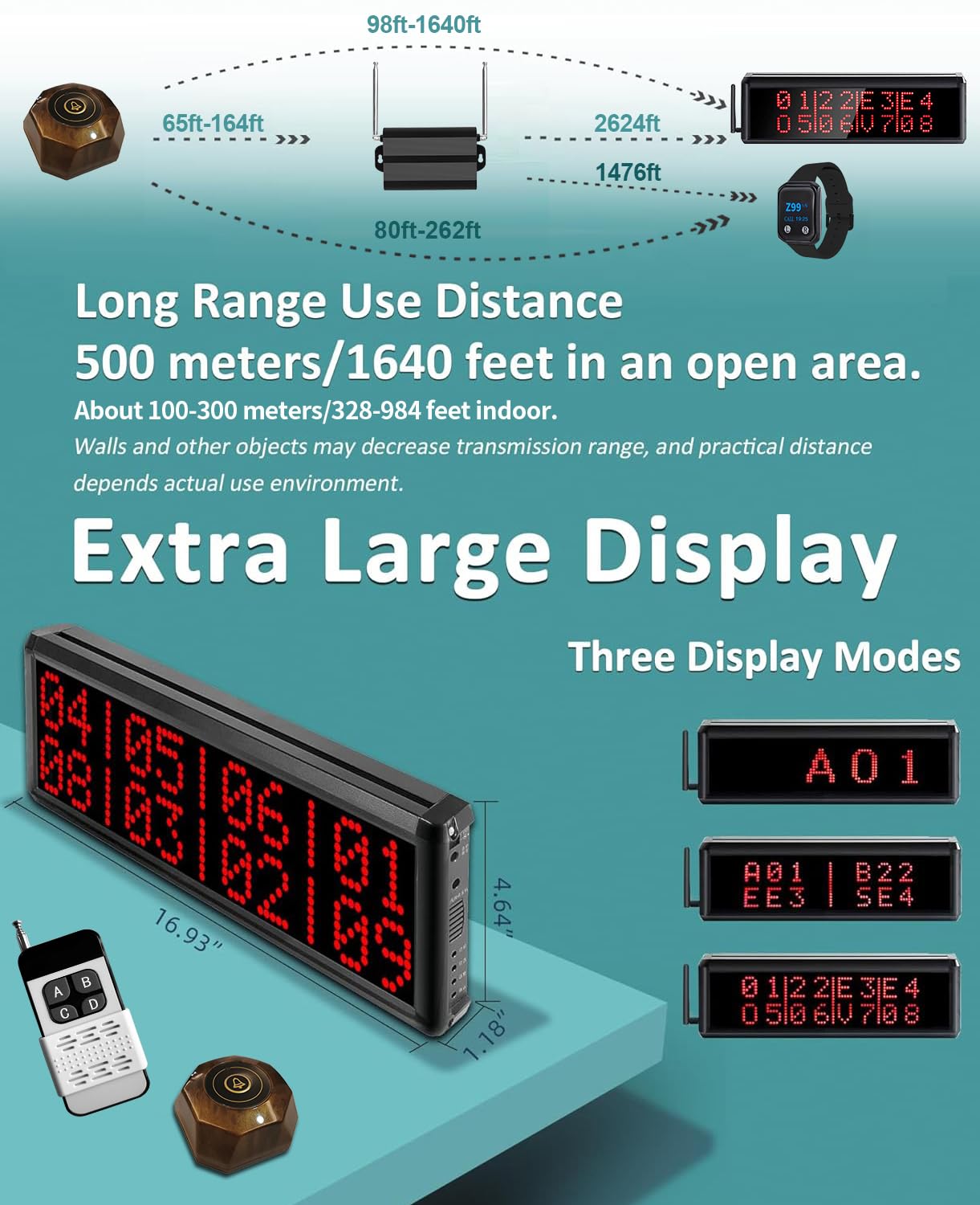 Sistema de búsqueda de restaurante de más de 1600 pies con 1 visualización de visualización/1 control remoto/2 buscapersonas de reloj impermeables/15 botones de llamada para servicio al cliente de