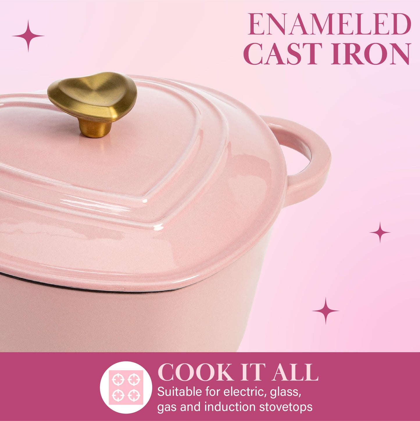 Paris Hilton - Olla en forma de corazón para horno holandés esmaltado con tapa, asas dobles, funciona en todas las estufas, apta para horno a 500 °F, 2 cuartos de galón, rosa