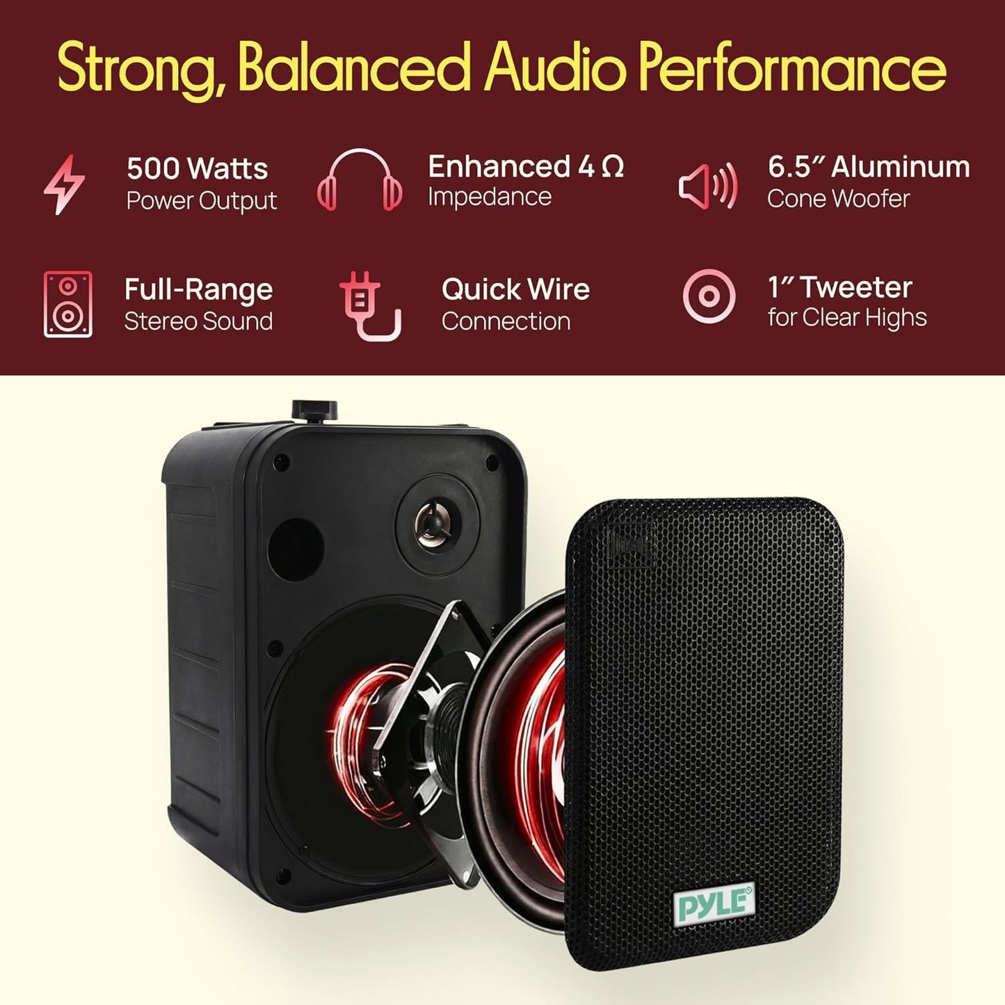 Pyle Bocinas de 6.5 Pulgadas para Interiores y Exteriores, Sistema de Sonido de Pared Resistente al Agua, 500 Watts, 1 Par, Negro