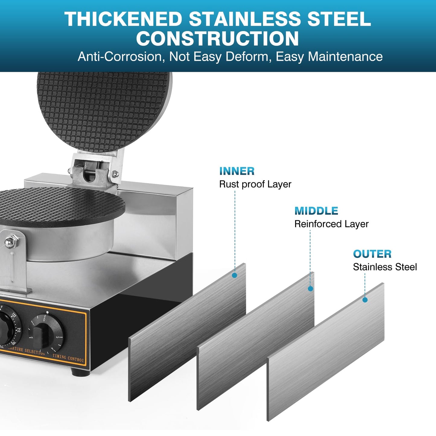 IRONWALLS - Máquina para hacer conos de gofres, de acero inoxidable de 110 V 1200 W con bandeja antiadherente para hornear de 8.3 pulgadas, control de temperatura y tiempo para restaurante