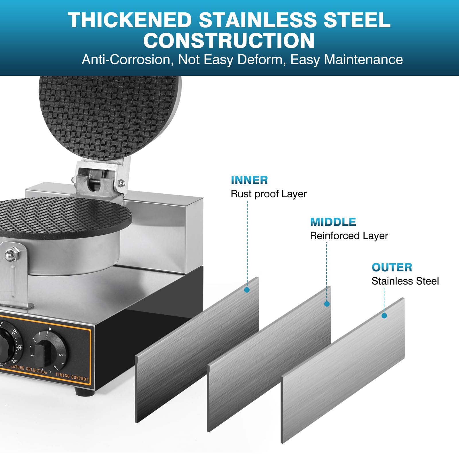 IRONWALLS - Máquina para hacer conos de gofres, de acero inoxidable de 110 V 1200 W con bandeja antiadherente para hornear de 8.3 pulgadas, control de temperatura y tiempo para restaurante
