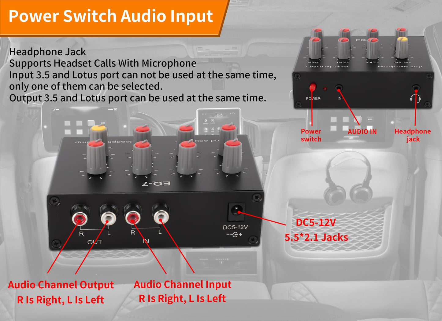 Gugxiom Ecualizador de Sonido de 7 Bandas, Ecualizador Digital de Doble Canal, Ajuste de Graves Altos de 12 DB, Entrada de Salida , Interfaz de Entrada de 3,5 Mm Compatible con