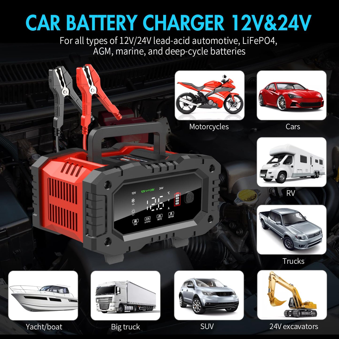 YONHAN Cargador de batería Automotriz 12V 5A Mantenedor de batería Inteligente Cargador Lento para automóvil Barco Motocicleta Cortacésped Batería de Plomo ácido sellada Marina y más