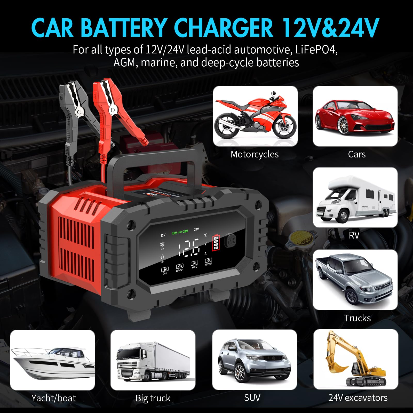 YONHAN Cargador de batería Automotriz 12V 5A Mantenedor de batería Inteligente Cargador Lento para automóvil Barco Motocicleta Cortacésped Batería de Plomo ácido sellada Marina y más