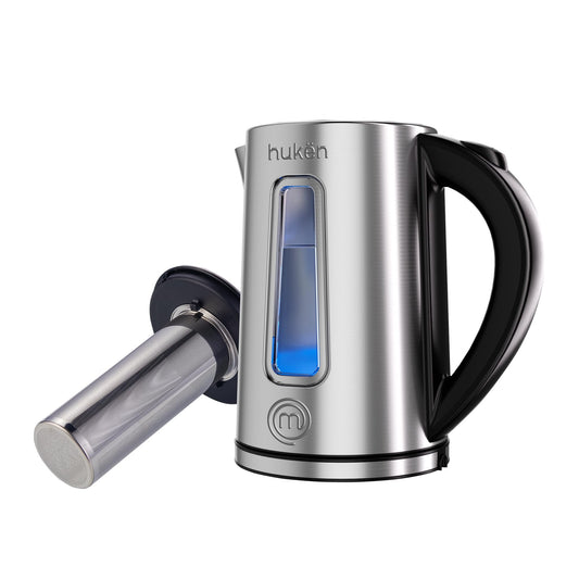 Hukën x MasterChef | Tetera Eléctrica Fuse+ con Infusor Removible | Hervidor de Vidrio/Acero Inoxidable | Base Giratoria 360° | Capacidad de 1.7 L | Calentador de Agua Rápido y Seguro (ON/OFF ACERO)